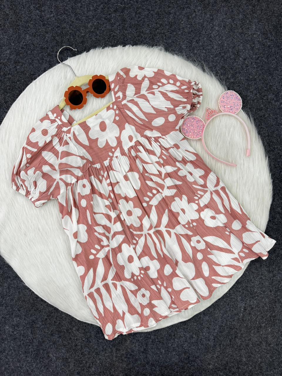 Muslin frock flower print dark pink