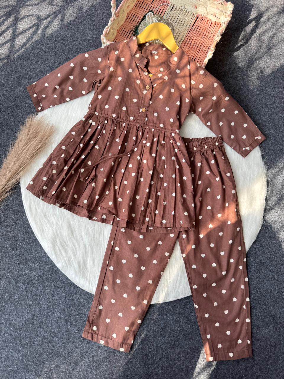 Cotton choclate colour small heart print co-ord set