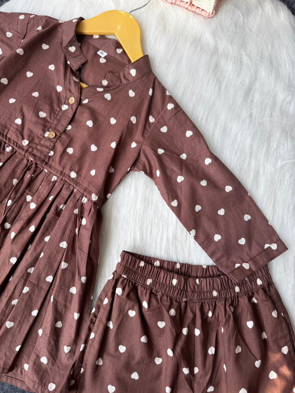 Cotton choclate colour small heart print co-ord set