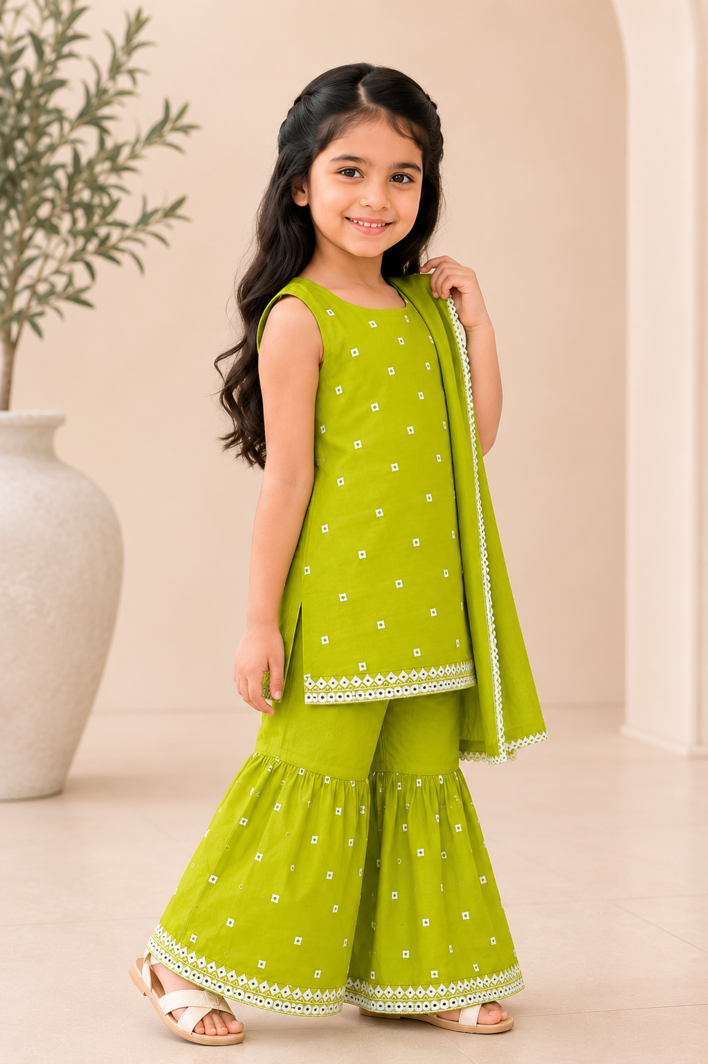 Girls' Festive Cotton Mirror-Work sharara Set