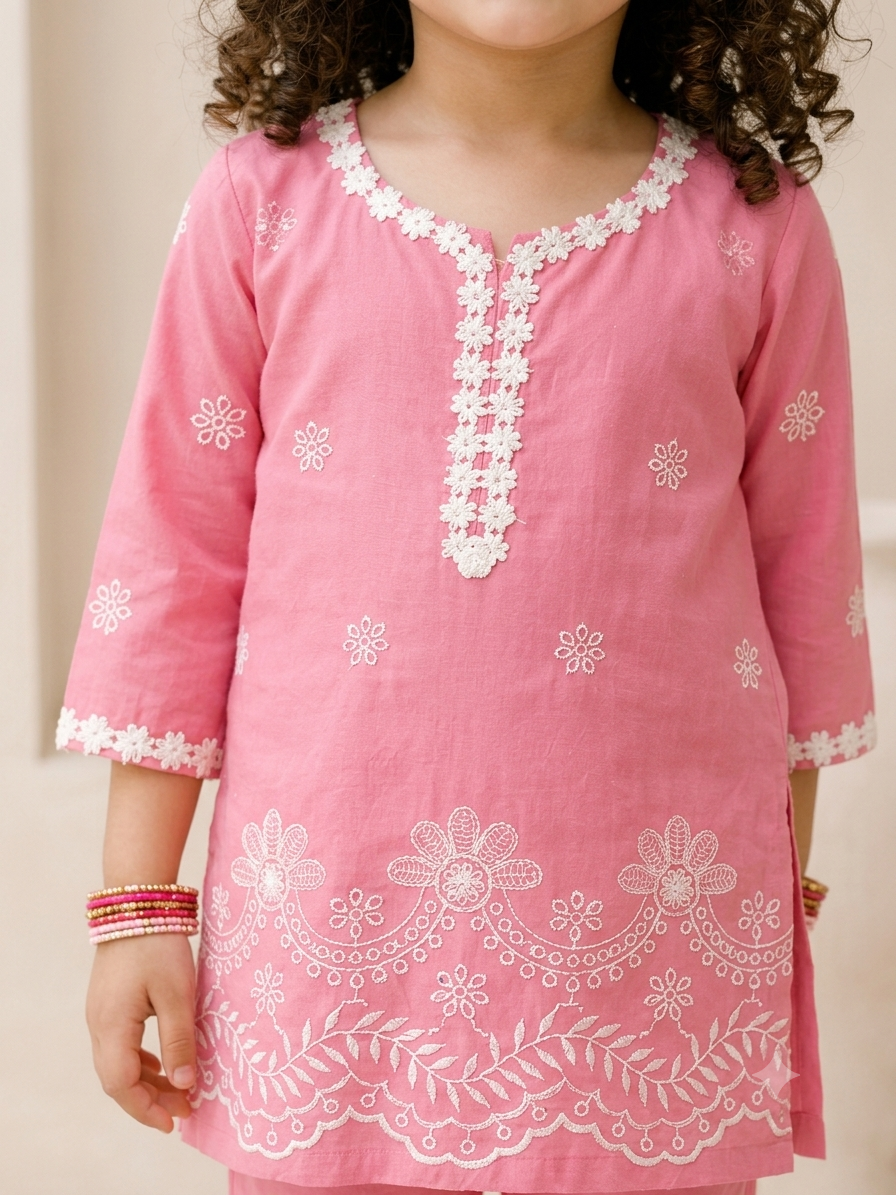 Girls' Cotton Schiffli Embroidery Kurta & Pant Set