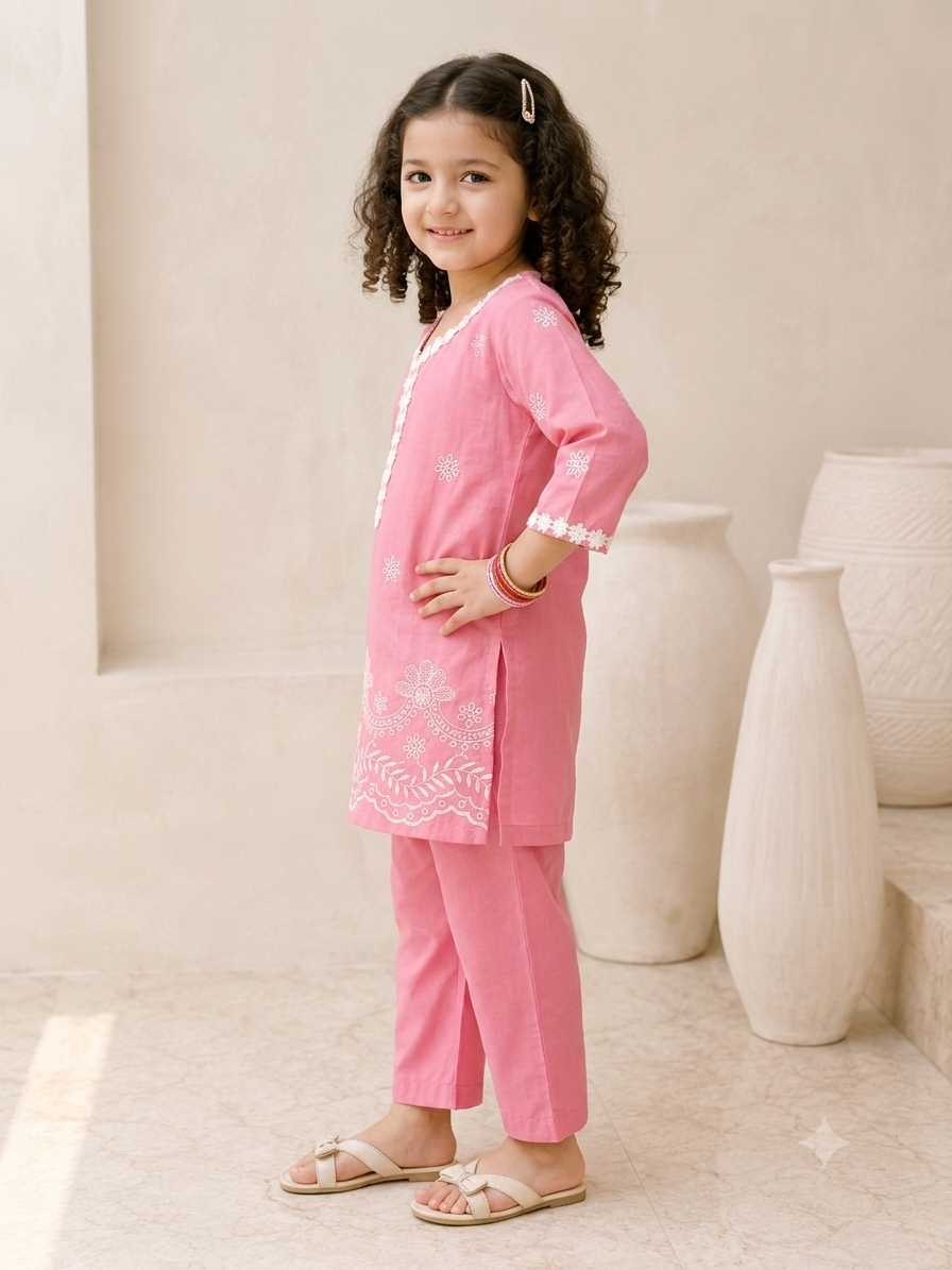 Girls' Cotton Schiffli Embroidery Kurta & Pant Set