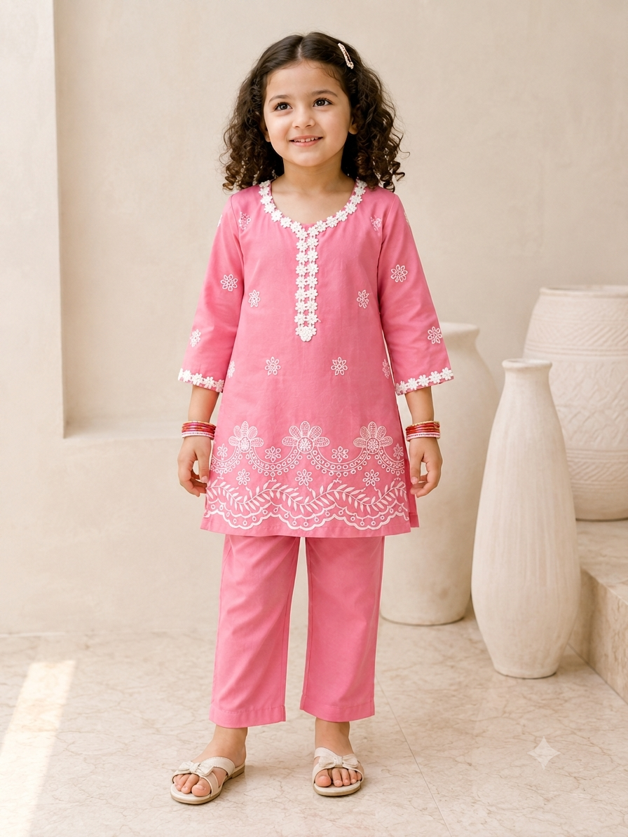 Girls' Cotton Schiffli Embroidery Kurta & Pant Set