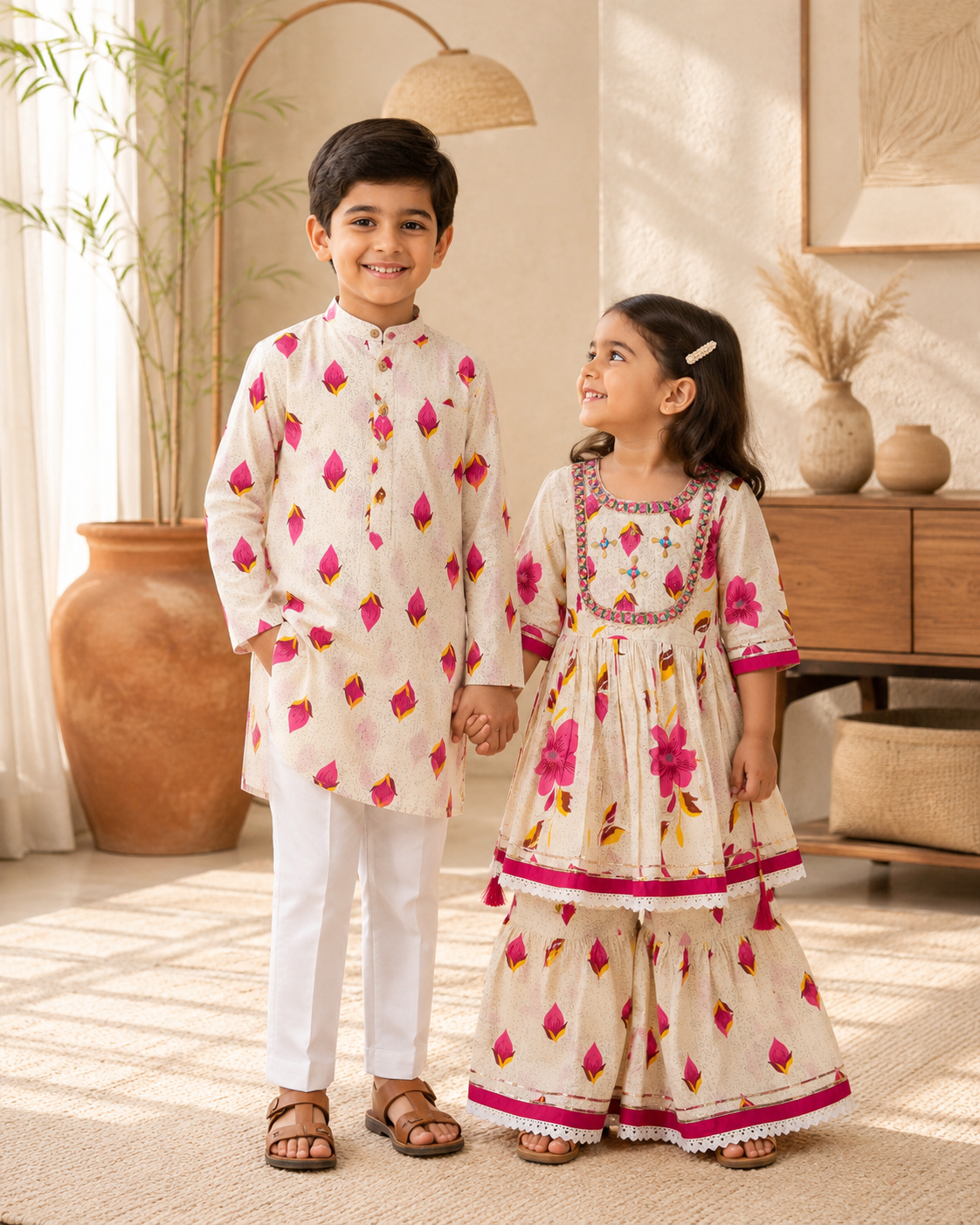 Girls' Floral Print Peplum Kurti & Sharara Set with Gota Patti Work