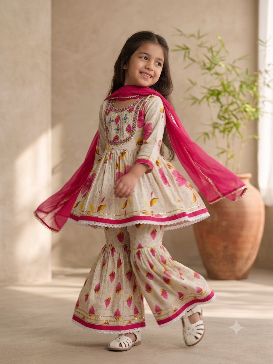 Girls' Floral Print Peplum Kurti & Sharara Set with Gota Patti Work