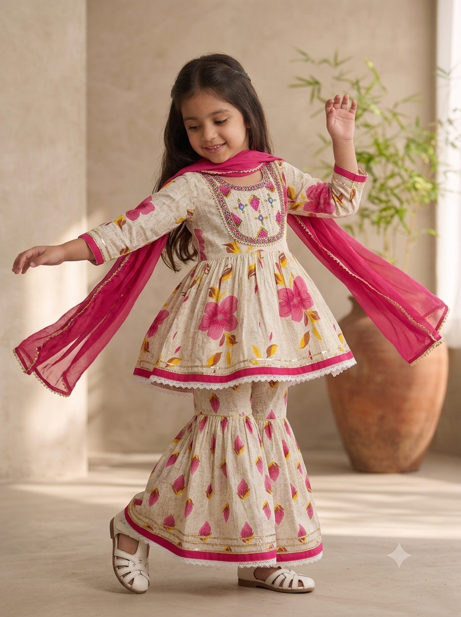 Girls' Floral Print Peplum Kurti & Sharara Set with Gota Patti Work