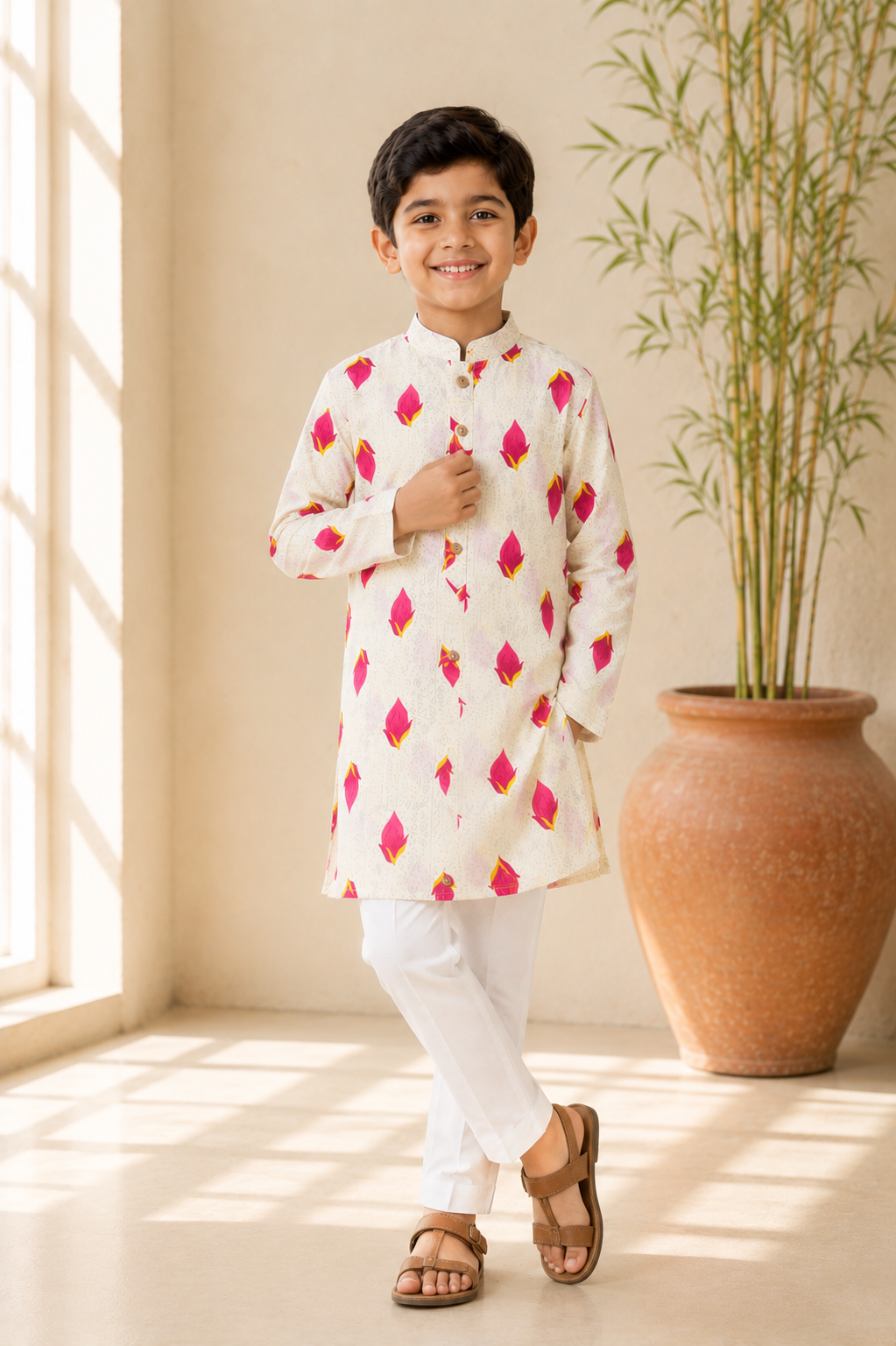Boys Lotus Print Kurta and Pajama Set