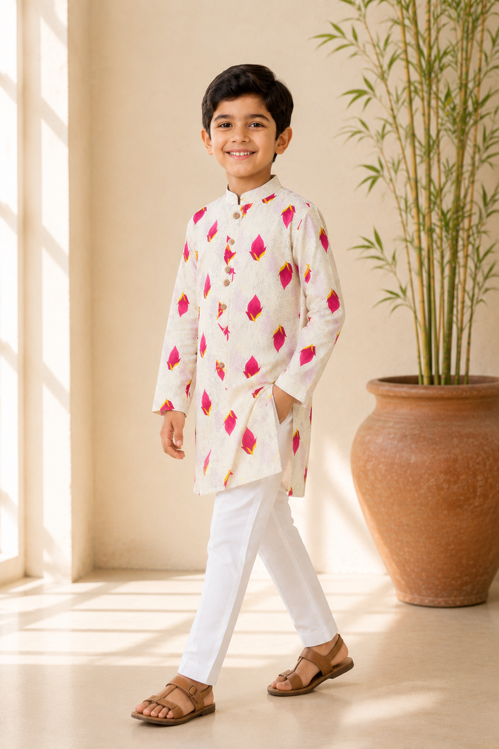 Boys Lotus Print Kurta and Pajama Set