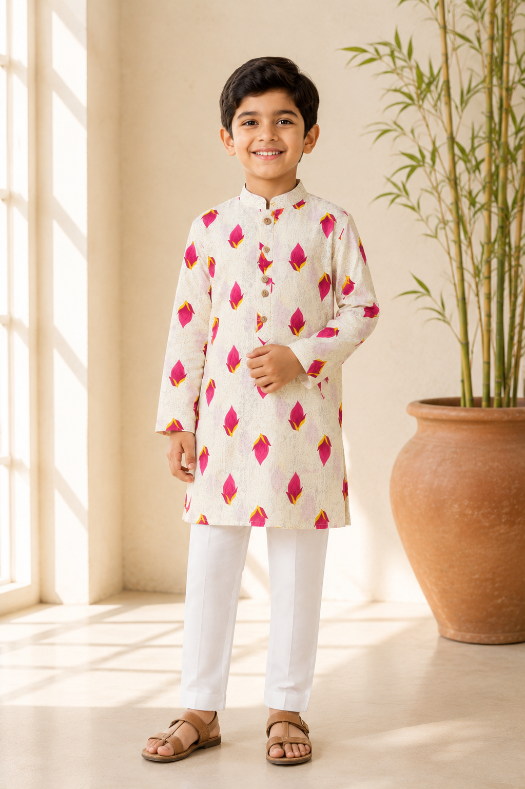 Boys Lotus Print Kurta and Pajama Set