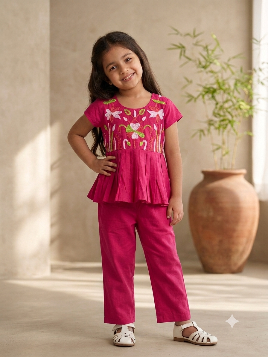 Girls Embroidered Peplum Top and pant Set