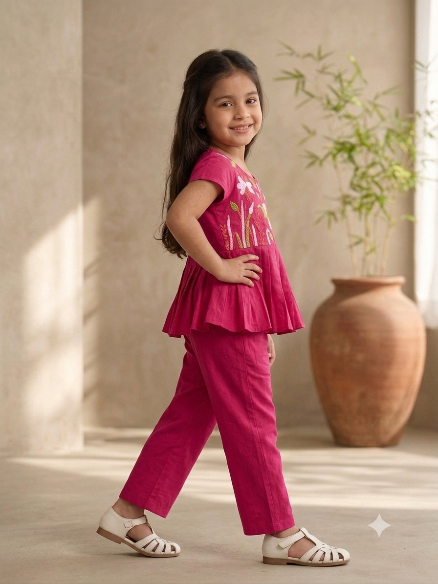 Girls Embroidered Peplum Top and pant Set