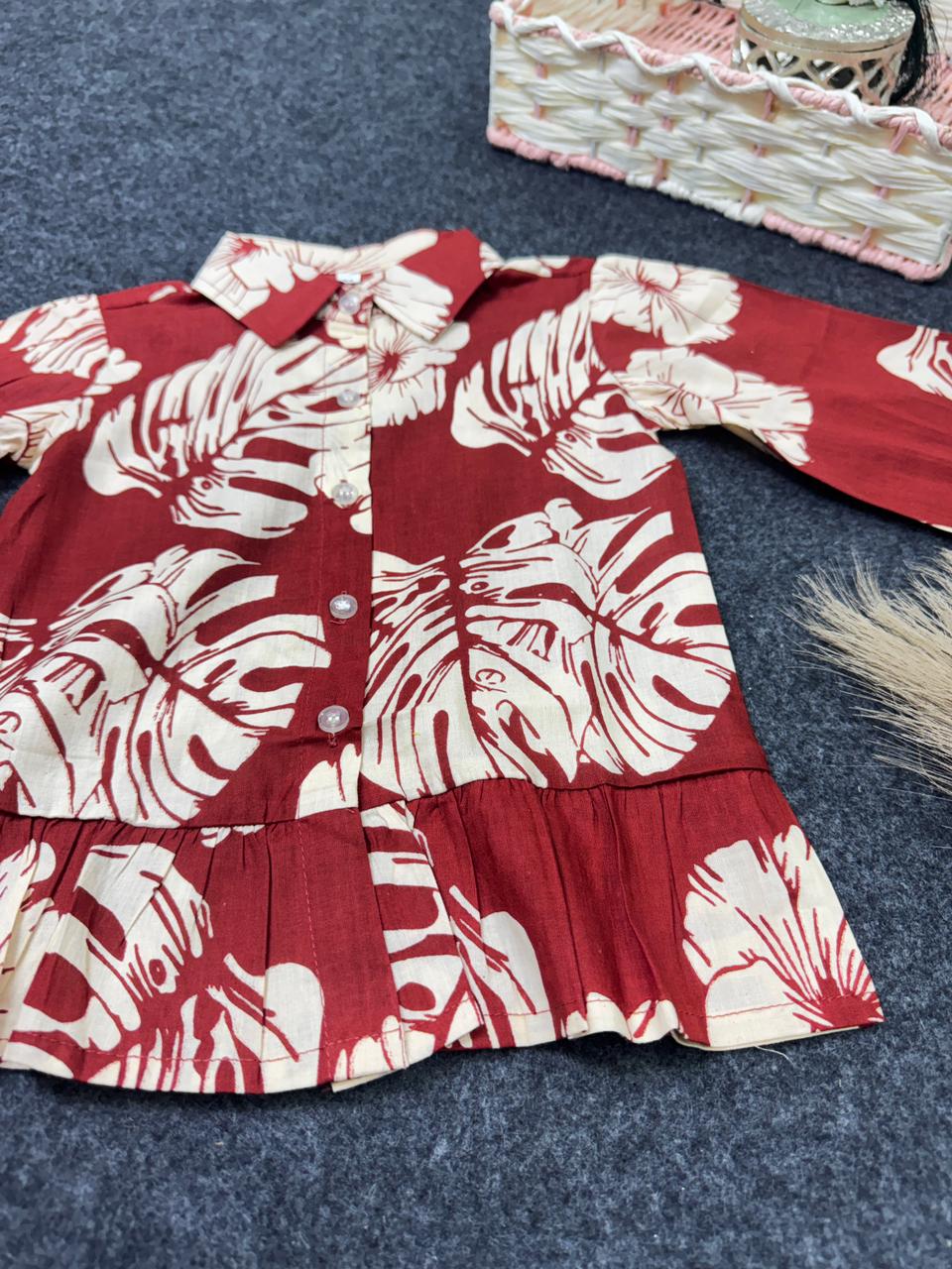 Cotton flower print frill belt line co-ord set red