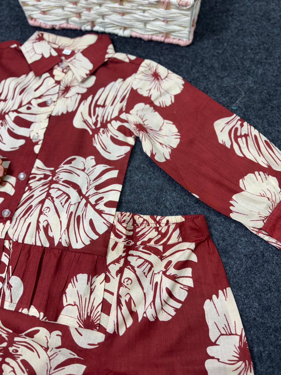 Cotton flower print frill belt line co-ord set red