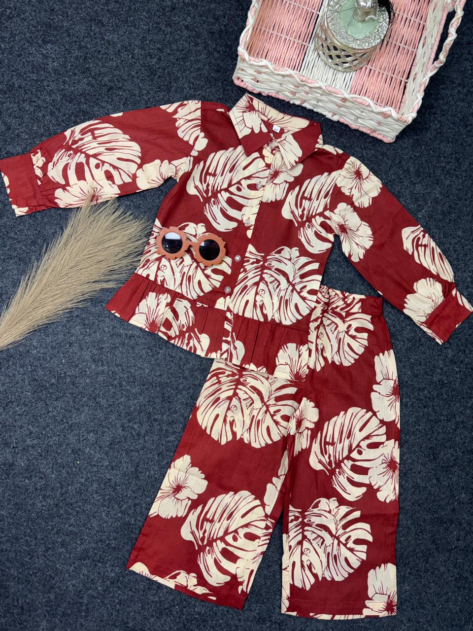 Cotton flower print frill belt line co-ord set red