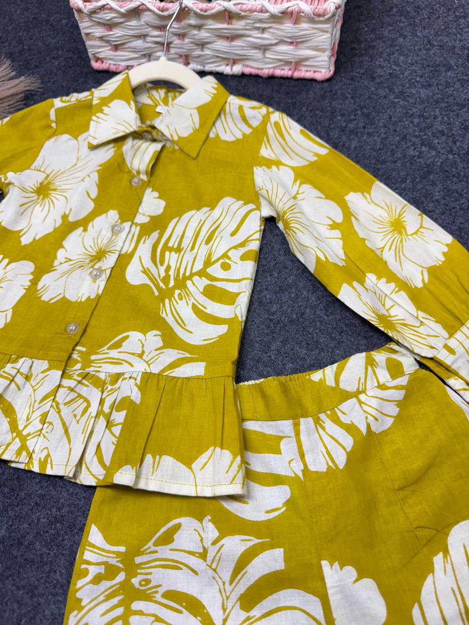 flower print frill belt line co-ord set lemon green