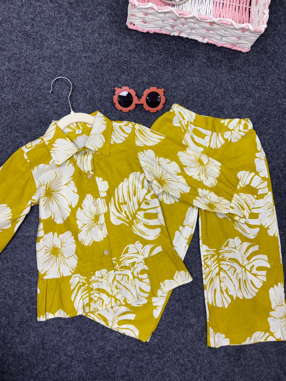 flower print frill belt line co-ord set lemon green