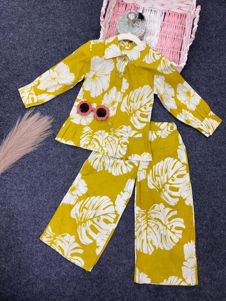 flower print frill belt line co-ord set lemon green