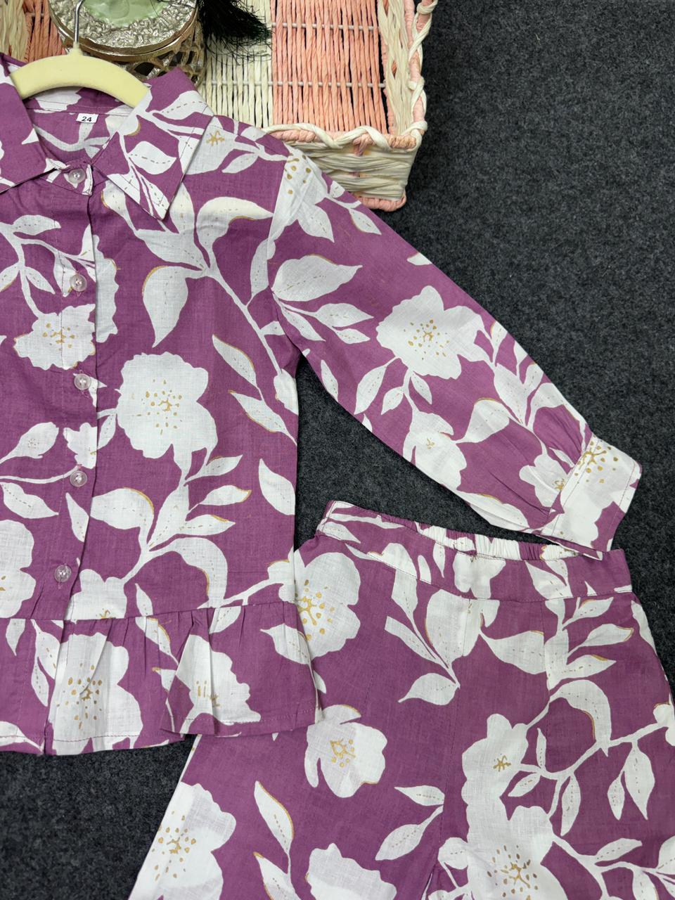 flower print frill belt line co-ord set purple