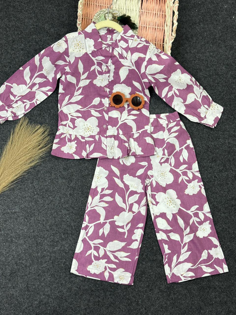 flower print frill belt line co-ord set purple
