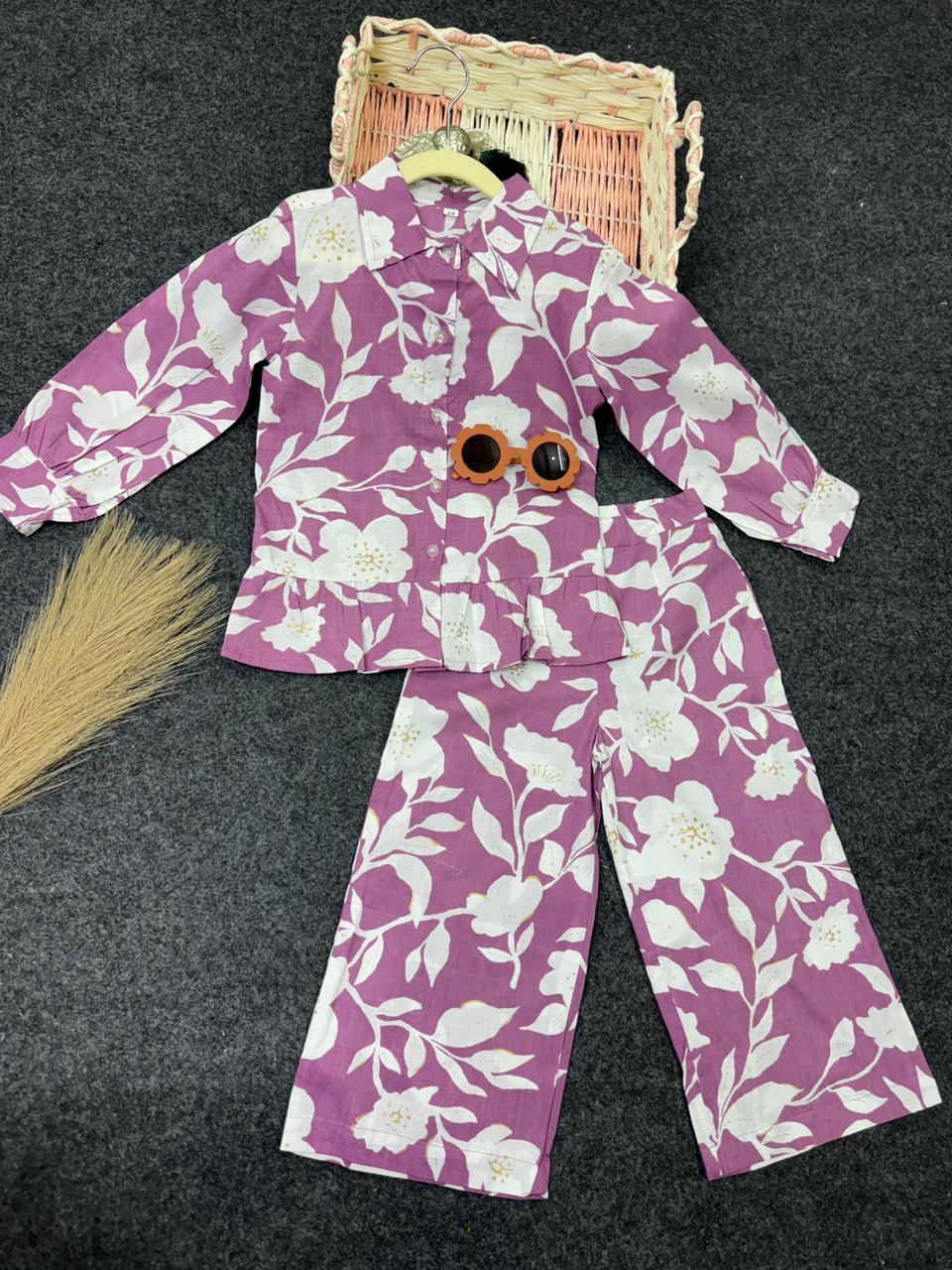 flower print frill belt line co-ord set purple