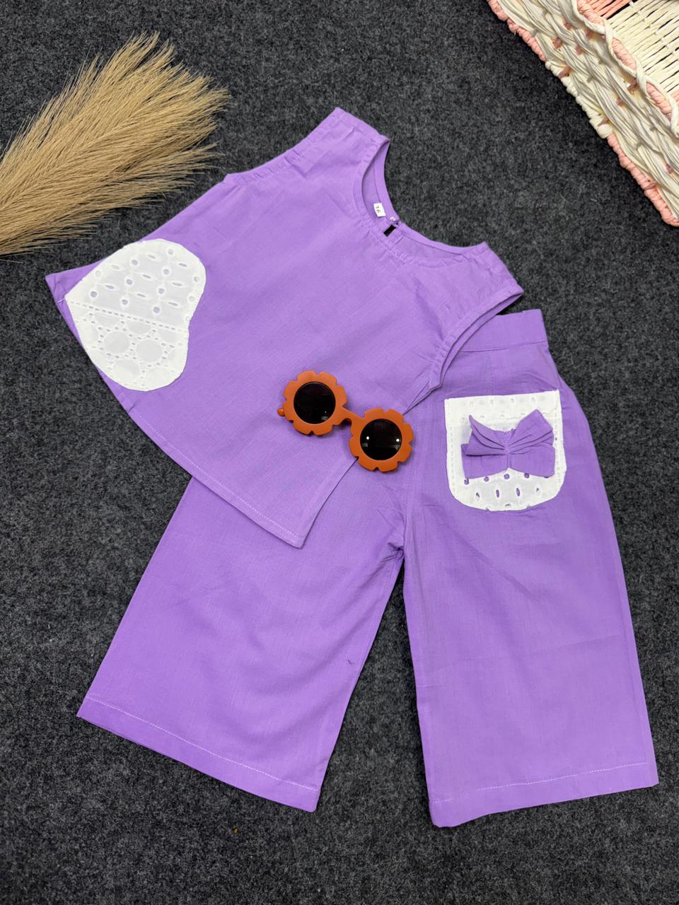 Cotton heart & bow co-ord set purple