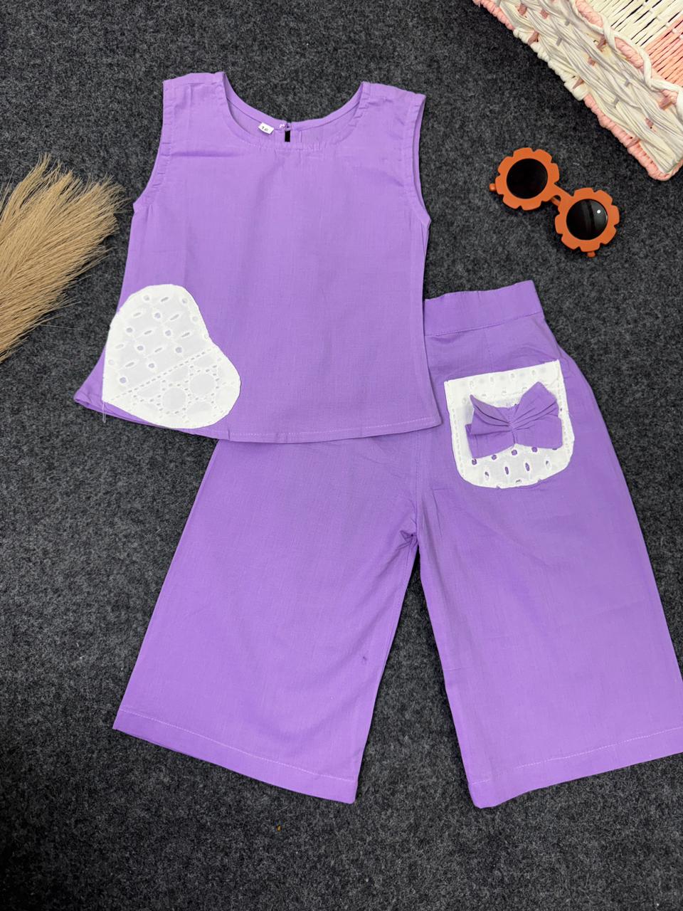 Cotton heart & bow co-ord set purple