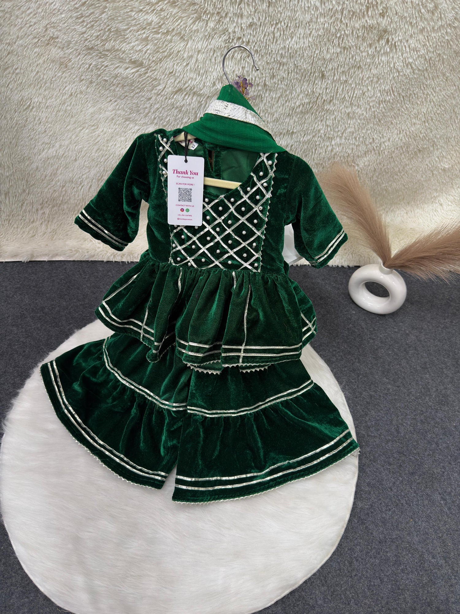 Cotton velvet sharara set green