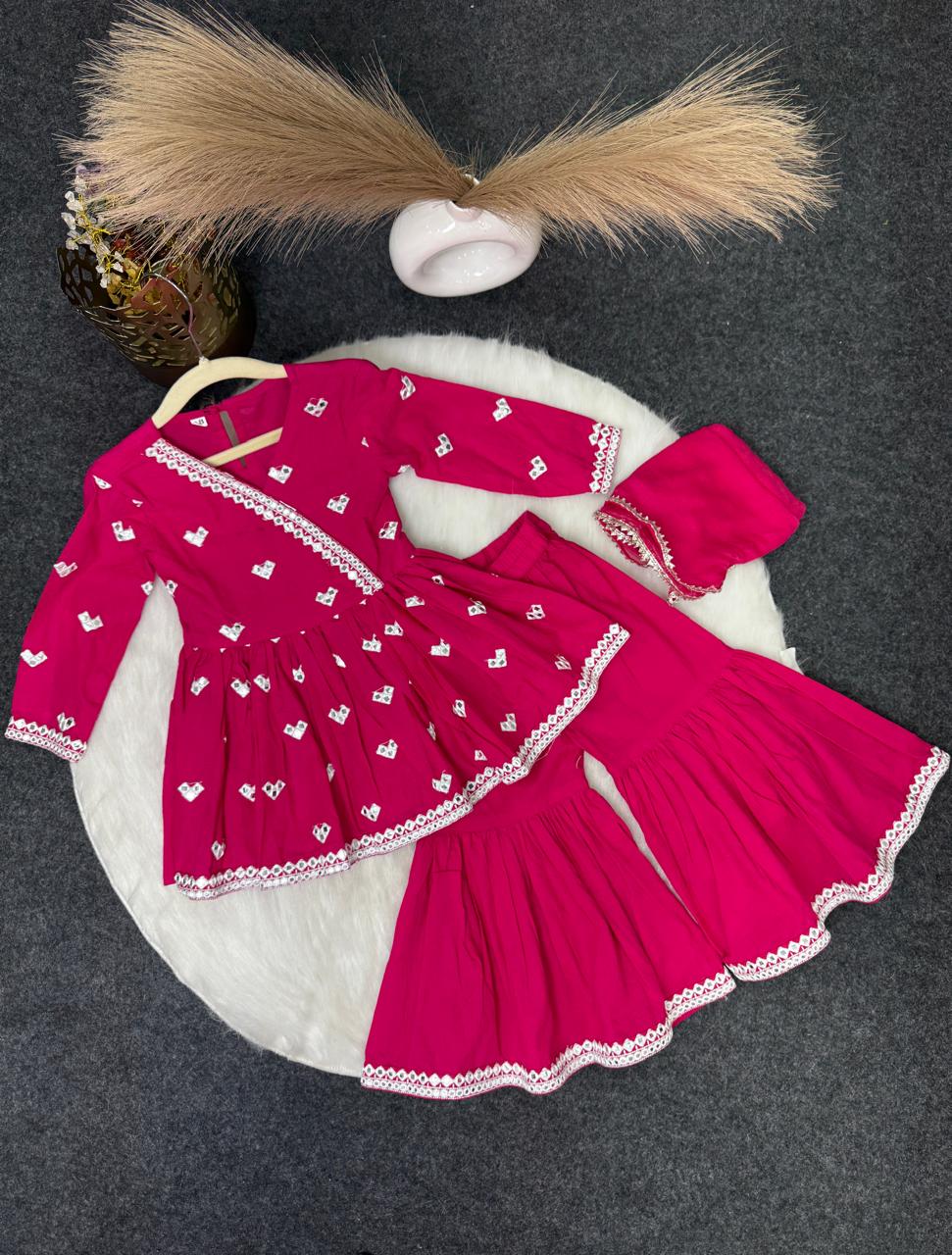 Solid mirror work sharara set pink