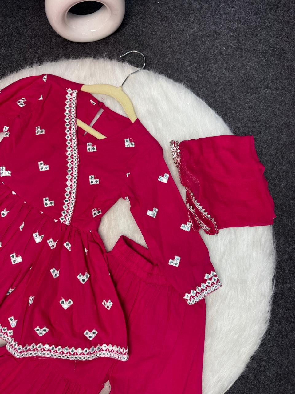 Solid mirror work sharara set pink