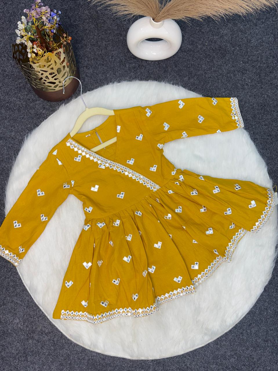 Solid mirror work sharara set mustard