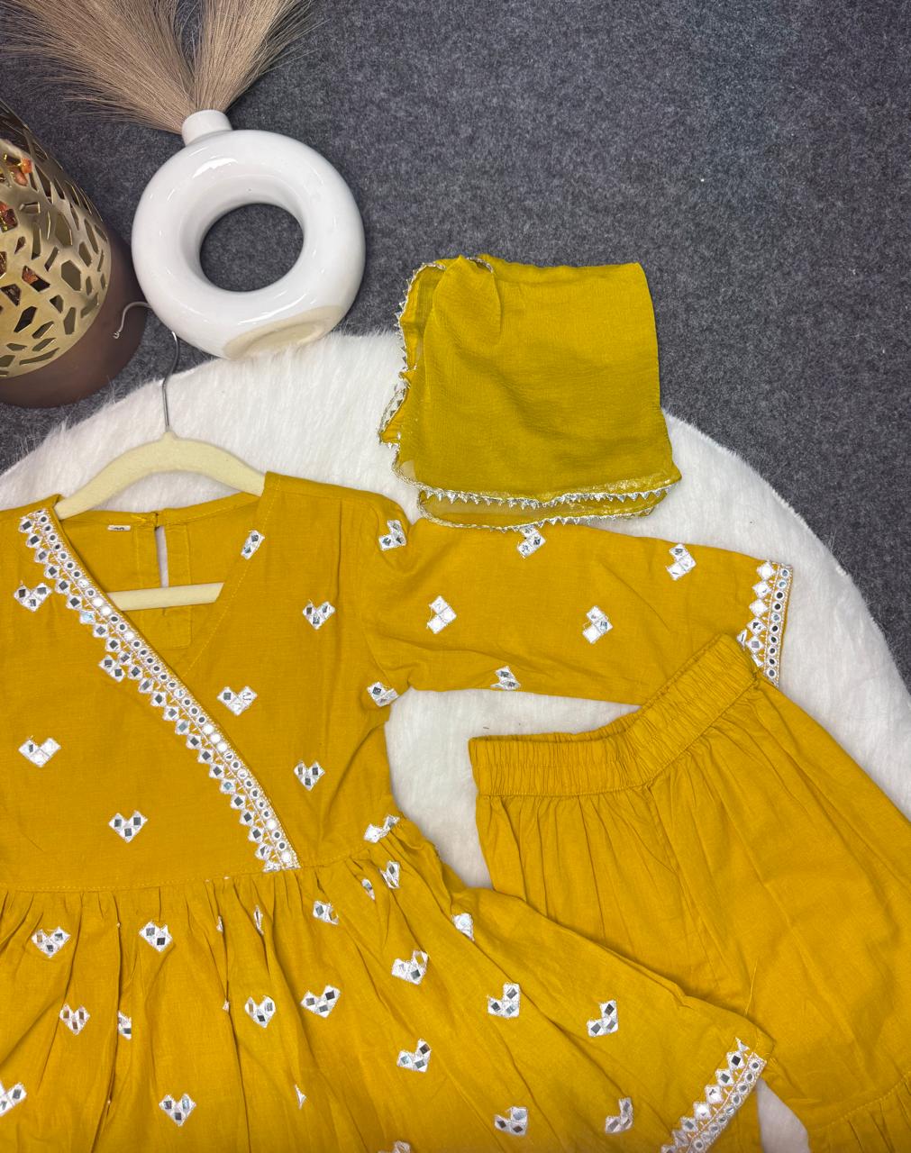 Solid mirror work sharara set mustard
