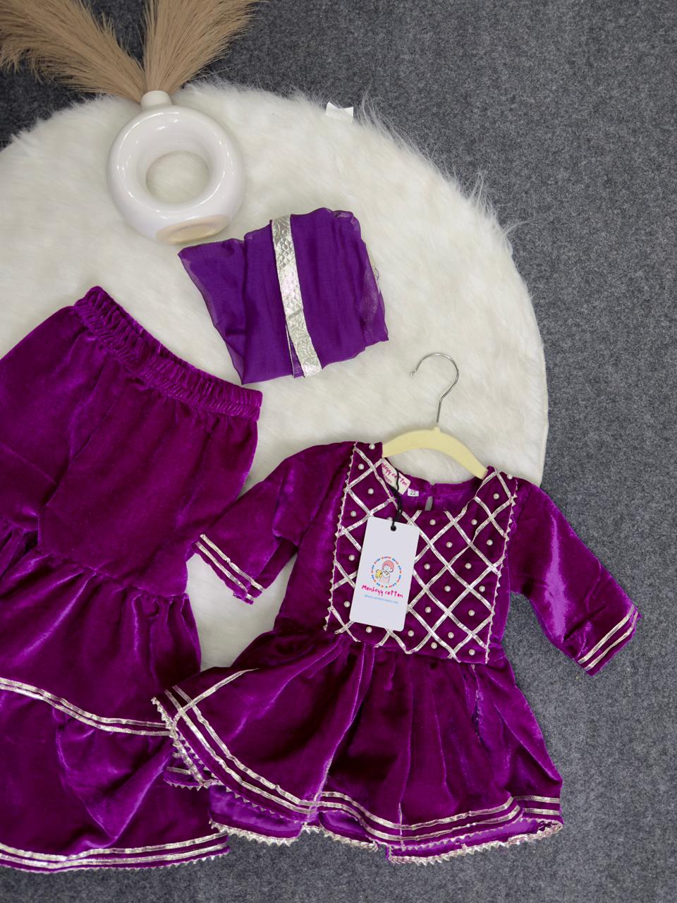 Cotton velvet sharara set purple