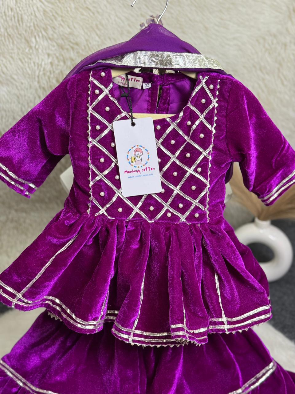 Cotton velvet sharara set purple