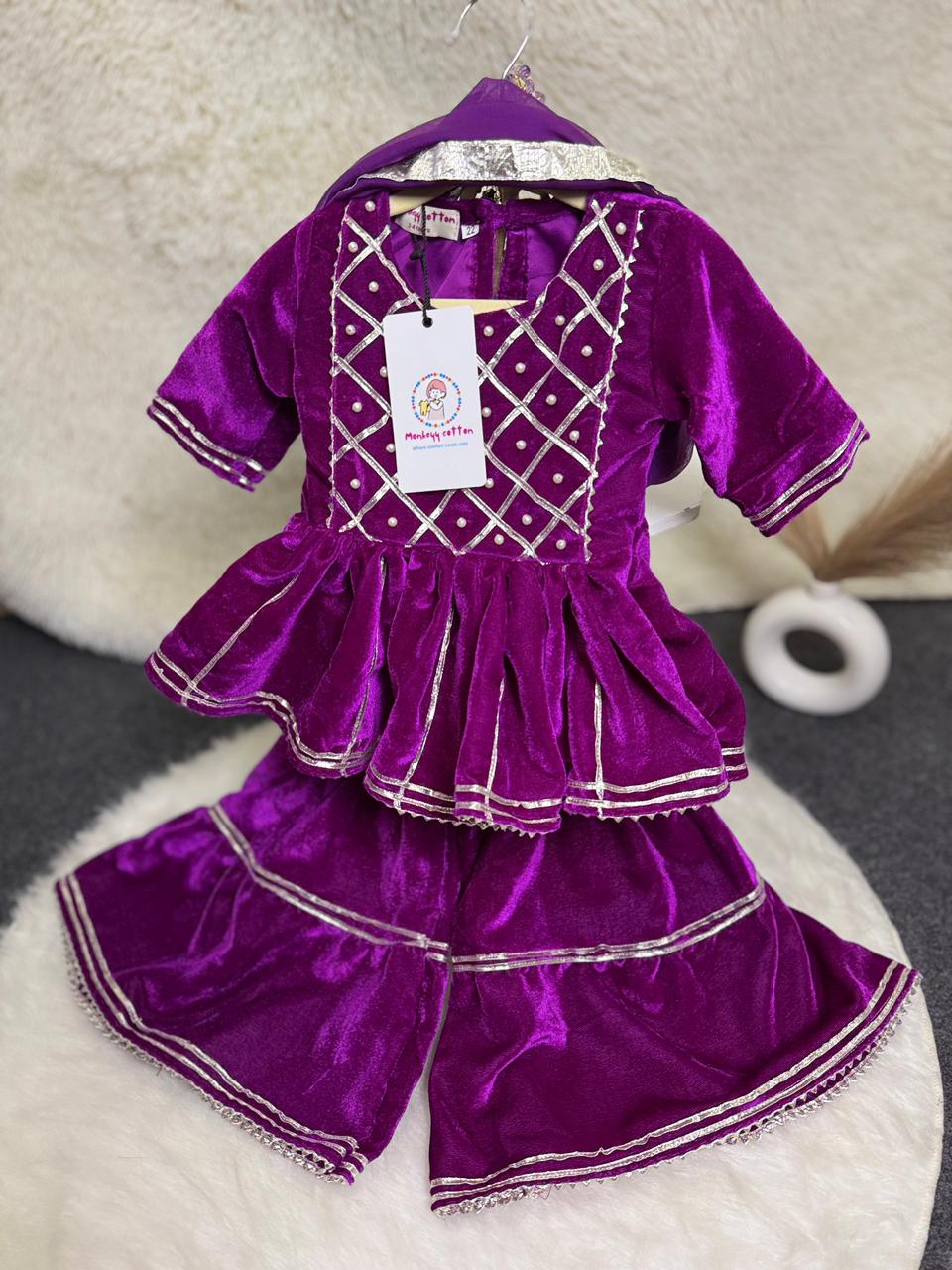 Cotton velvet sharara set purple