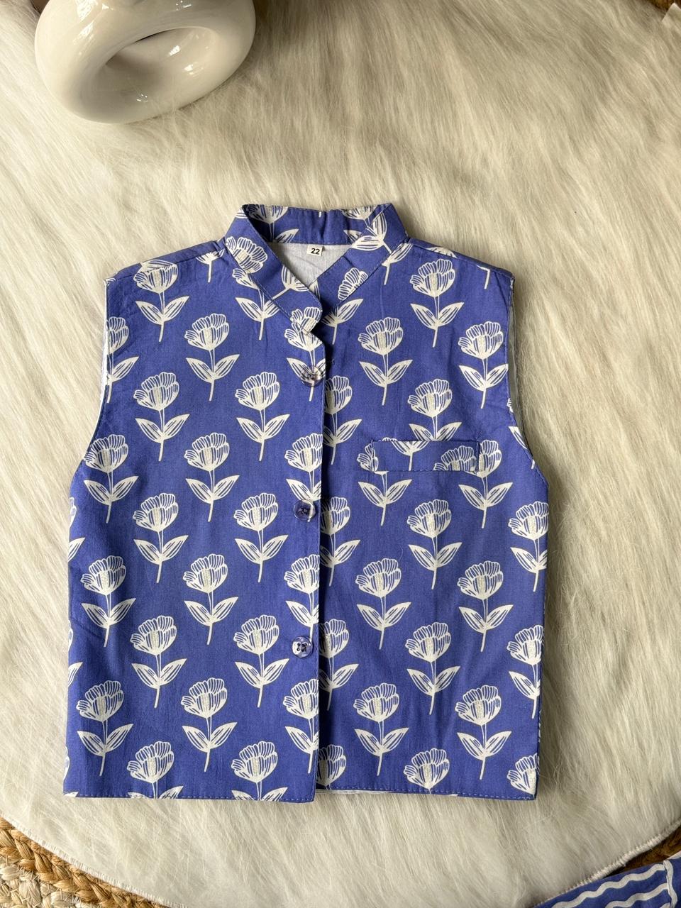 kurta pajama jacket flower print blue