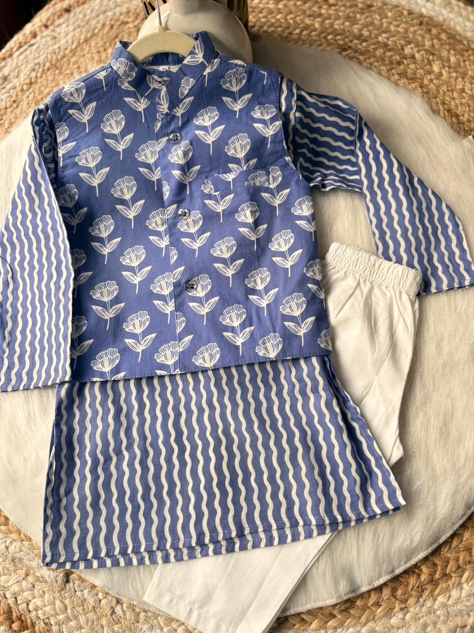 kurta pajama jacket flower print blue