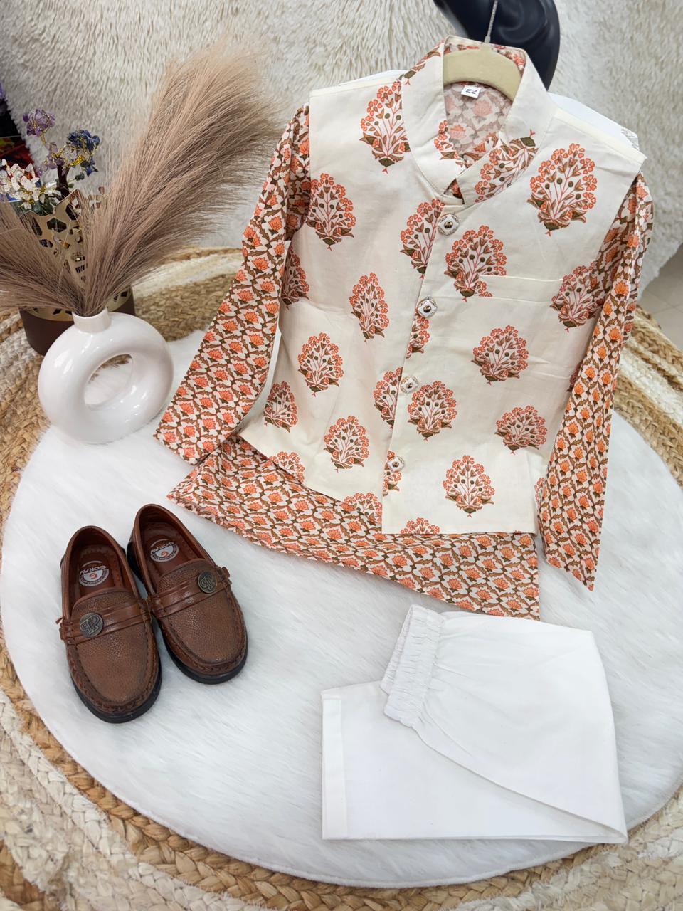 kurta pajama jacket flower print cream