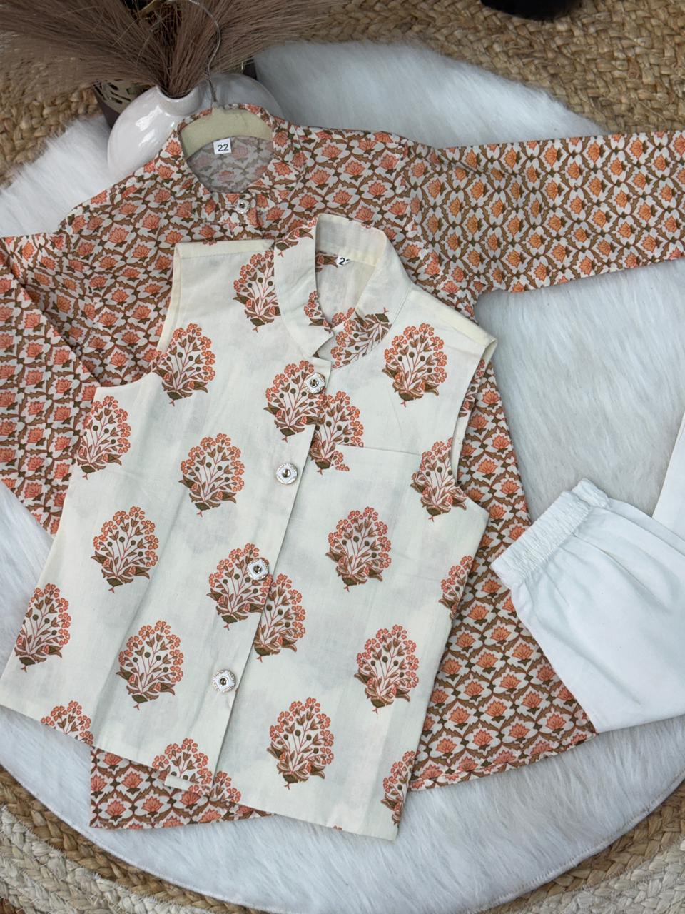 kurta pajama jacket flower print cream