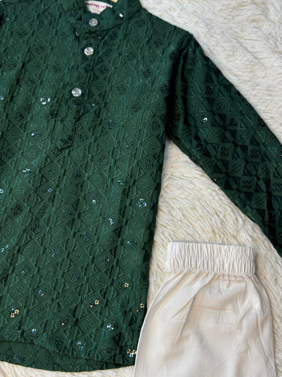 Chikankari kurta pajama dark green