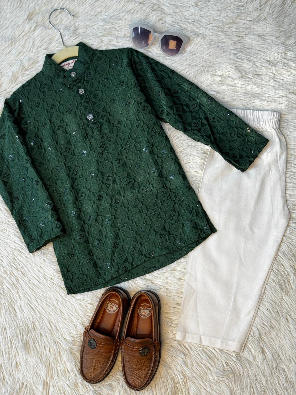 Chikankari kurta pajama dark green