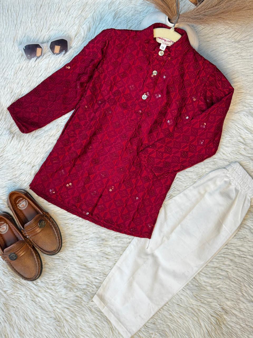 Chikankari kurta pajama mehroon