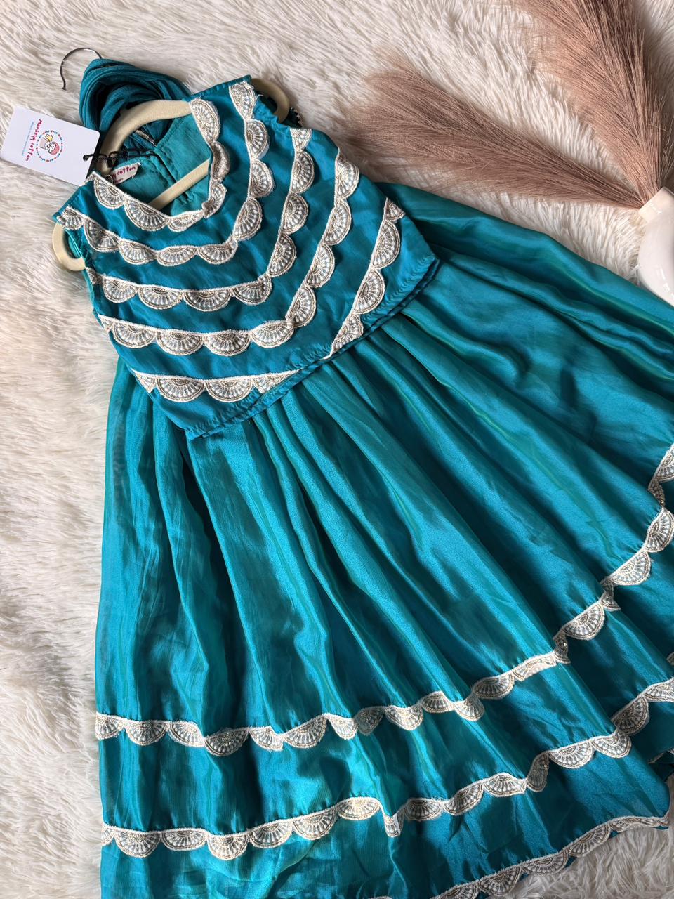 Round lace work lehnga Turquoise blue