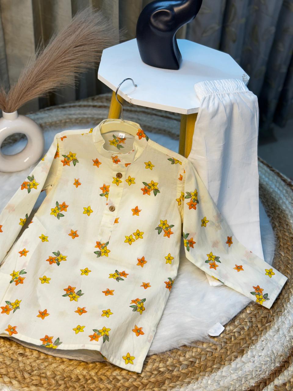 kurta pajama flower print yellow & orange
